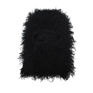 Black shaggy knit balaclava face mask, funny party furry acrylic wool winter warm outdoor hat
