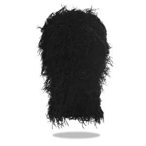 Black shaggy knit balaclava mask, funny fuzzy fringe beanie hat for outdoor party cold weather.