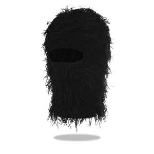 Black shaggy knit balaclava mask, fuzzy monster ghillie ski mask for party and outdoor.