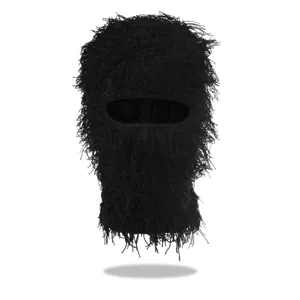 Black shaggy knit balaclava full face mask hairy novelty streetwear winter warm hat.