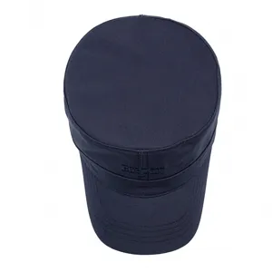 Navy blue flat top sun hat with embroidered Boston text, casual style for outdoor use.