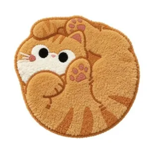 Cute cartoon cat plush rug detail, soft fluffy orange kitten floor mat for bedroom decor.