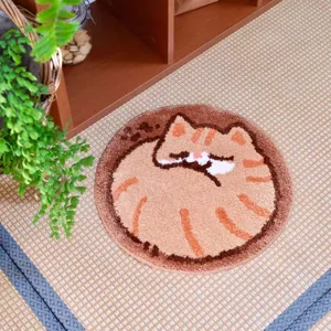 Cute cartoon cat plush floor mat, soft cashmere area rug for cozy living room and bedroom home decor.