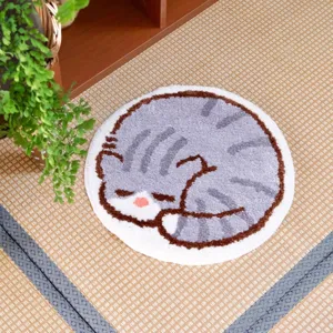 Detail shot of the cute sleeping cat round plush rug, soft texture for bedroom decor.