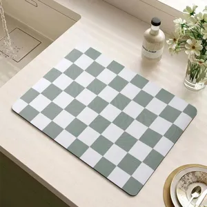 Green white checkerboard diatomaceous earth draining mat quick drying kitchen absorbent mat