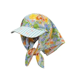 French vintage Monet garden floral scarf hat for women, spring summer outdoor sun protection.