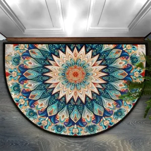 Half-circle doormat with colorful mandala floral pattern, anti-slip entrance floor mat for home.