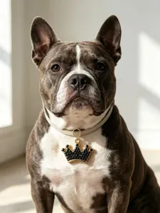Gros plan d'un animal de compagnie charmant portant un collier strass en forme de couronne.