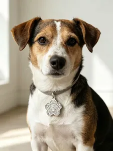 Vue en gros plan détaillée du pendentif pour animal en strass fleur de prunier et collier.