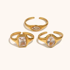 Stainless steel 18K gold plated zircon rings set, marquise square oval stackable open rings