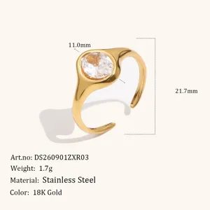 18K Gold Plated Stainless Steel Oval Cubic Zirconia Ring Minimalist Open Band Jewelry