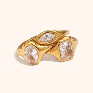 Stainless steel 18K gold plated multi-shape cubic zirconia stacked rings detail closeup