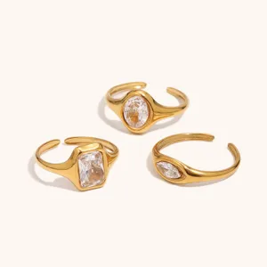 Stainless Steel Open Ring For Women 18K Gold Plated Geometric Rhinestone Finger Ring Fashion Jewelry Gift