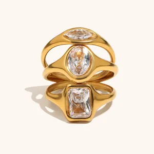 18K Gold Plated Titanium Steel Stackable Zircon Ring Marquise Oval Square Fashion Jewelry