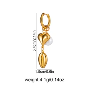 Gold stainless steel hoop earring featuring heart, pearl and shell charms detail view.