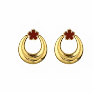 Detailed view of retro gold crescent earrings with red floral accent and chic stainless steel.