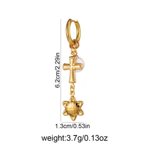 Detail shot of gold-plated long tassel cross and star pearl drop earring specification view.