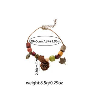 Vintage autumn style wooden bead bracelet with pinecone maple leaf charms, 20+5cm length.
