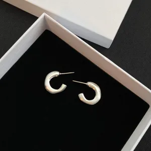 Detailed shot of minimalist French vintage silver hoop earrings in a classic box showcase.
