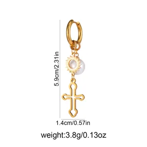 Detailed view of vintage gold cross pearl drop earrings with dimensions and weight specs.