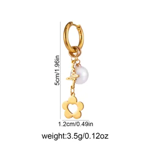 Gold hoop pearl flower charm earrings with heartbeat pendant, elegant dangle jewelry for women