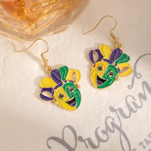 Boucles d'oreilles masque de bouffon carnaval crochet dore email violet jaune vert style