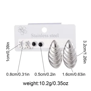 Edelstahl geometrische Ohrringe Set Detailansicht mit Maßen, Mond und Blatt Ohrstecker.