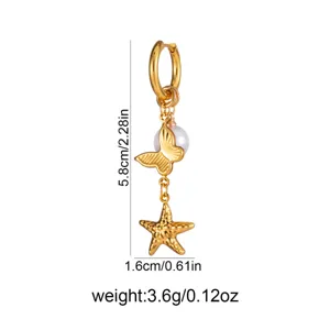 Gold butterfly starfish pearl dangle earrings size detail 5.8cm lightweight fashion jewelry