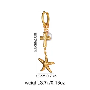 Gold long cross starfish pearl dangle earrings detail view with size and weight specifications.