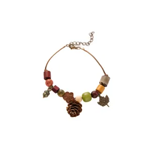 Handmade retro botanical charm bracelet with wooden beads and pine cone pendant detail