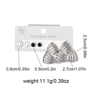 Edelstahl geometrische Ohrringe Set Detailansicht mit genauen Maßen und verschiedenen Stecken.