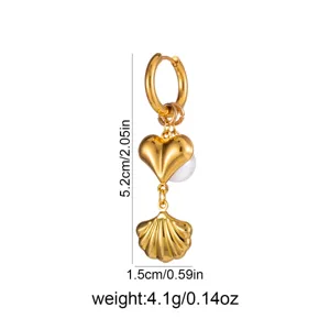 Gold heart and seashell earring detail showing size specs, elegant retro design jewelry piece.