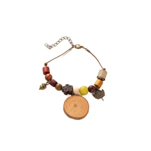 Vintage ethnic wooden bead bracelet with acorn leaf charms and natural wood slice pendant for women