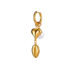 Gold-tone drop earring featuring heart, pearl, and shell charms, detailed close-up view.