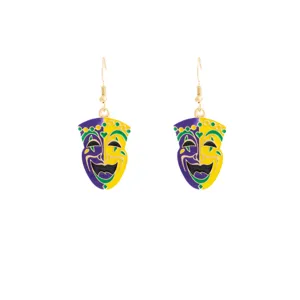 Boucles d'oreilles masque de bouffon de carnaval, émaillées violet jaune vert pour fête.