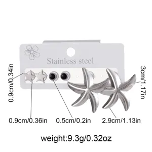 Edelstahl geometrische Seestern und Stern Ohrringe Set Detailansicht mit Massangaben.