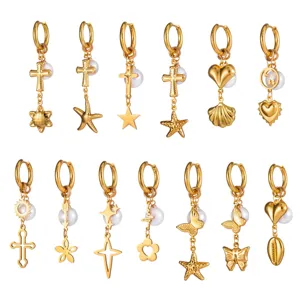 Women Fashion Stainless Steel Long Tassel Earrings Gold Plated Cross Star Butterfly Artificial Pearl Dangle Jewelry