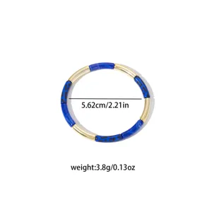 Chic blue leopard print and gold metal bamboo joint geometric bangle bracelet for women.