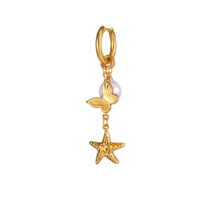 Gold Butterfly Starfish Pearl Drop Earrings Vintage Long Dangle Fashion Jewelry for Women