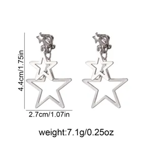 Detailed view of silver star pendant clip-on earrings showcasing dimensions and lightweight design.