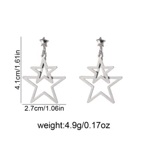 Silver double layer hollow star pendant earrings minimalist long dangle ear studs 4.1cm