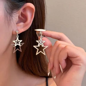 Minimalist Zinc Alloy Hollow Double Layer Star Pendant Earrings With Steel Earring Post Silver Fashion Jewelry For Women