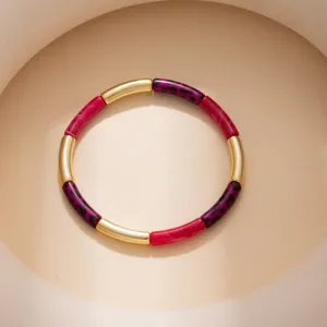 Detailed shot of a chic color-blocked bracelet featuring gold metal tubes and leopard print resin.