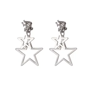 Detailed view of hollow double star clip-on earrings in silver finish, minimalist style.