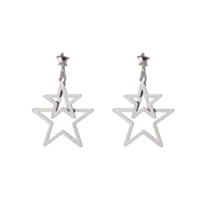 Silver double layer hollow star pendant dangle earrings, minimalist long design detail.