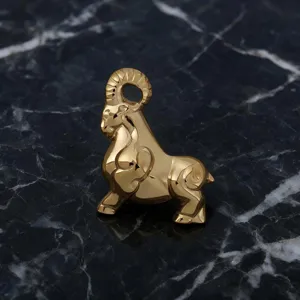 Close up view of the golden geometric ram brooch showcasing fine polished stainless steel details.
