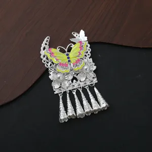 Miao silver style colorful butterfly tassel pendant detail with exquisite enamel and pearl decor.