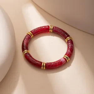 Red resin bamboo joint bracelet with gold metal spacers chic geometric retro fashion jewelry main view