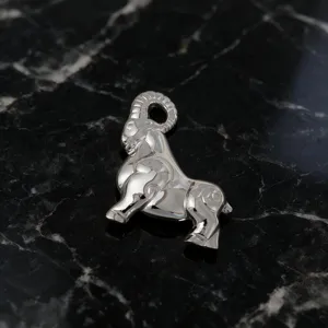 Close-up of silver stainless steel geometric ram pendant showing polished metallic finish.