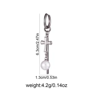 Stainless steel cross and pearl dangle hoop earring detail showing size 6.3cm length.